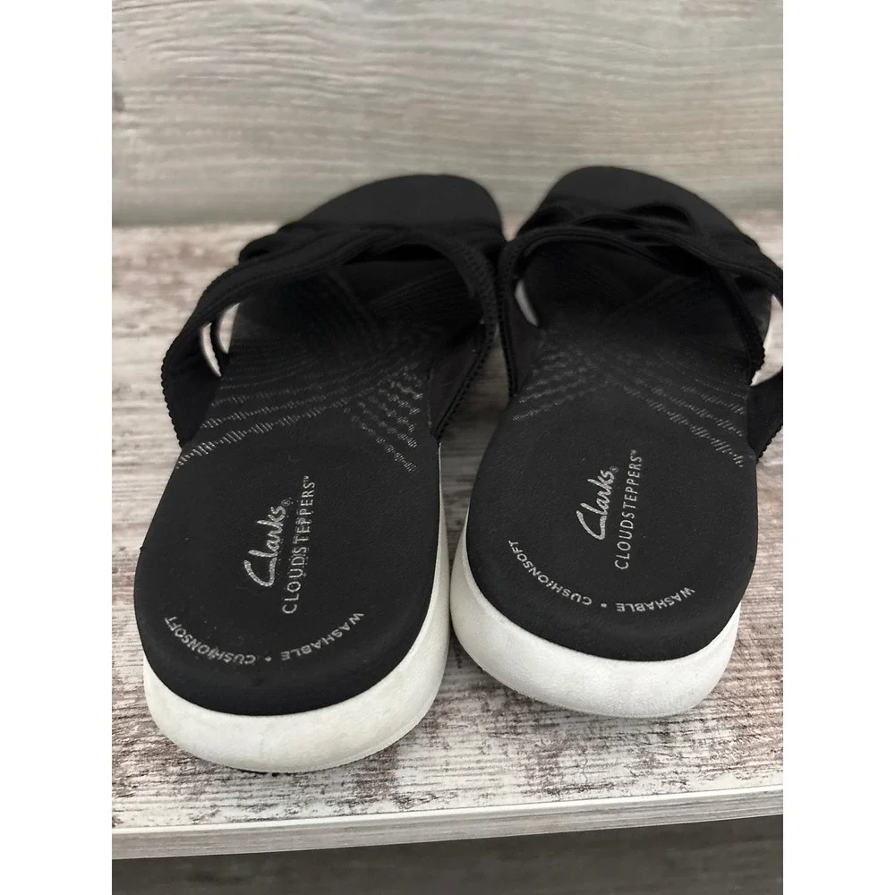 Clarks Cloudsteppers Arla Glison Black Fabric Crisscross Slide Sandals Womens